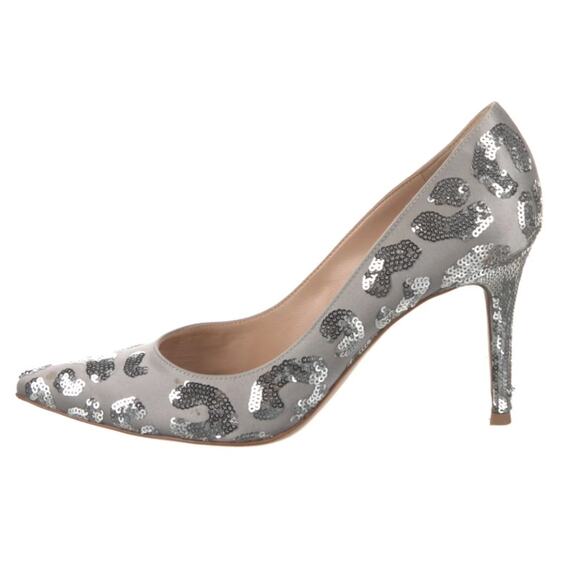 Gianvito Rossi Daze Satin Heels Pumps Shoes Silver Sequin Leopard 37.5 - Picture 2 of 13